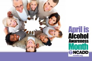 Circle of men and women. Text says "April is Alcohol Awareness Month." NCADD.org logo