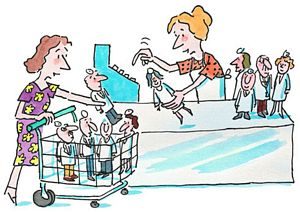 Woman at a cash register with a buggy full of small doctors. She is handing them to the cashier and she is scanning them.