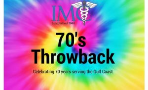 Tie dye rainbow background. IMC logo. Text says "70's Throwback. Celebrating 70 years serving the Gulf Coast."