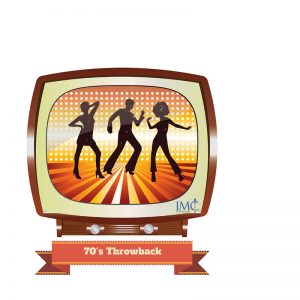 picture of a retro tv showning outlines of 70s dressed people dancing. Text says "70s throwback"