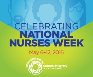 Blue background with drawn people and green background over part of it. Text says, "Celebrating National Nurses Week. May 6-12, 2016"