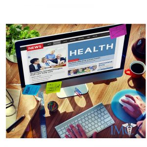 Picture of a desk with a Computer screen showing health news