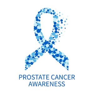 Blue Ribbon with differenct colored blue circles that create a ribbon. Text "Prostate Cancer Awareness"