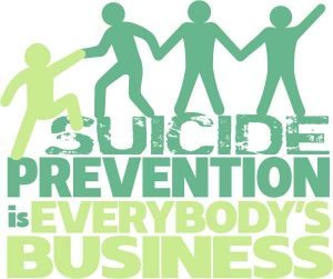 3 green people figures holding hands and one light green human figure being pulled up by the other three. Text reads "Suicide Prevents is Everyone's Business"
