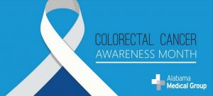 White ribbon on blue background with Alabama medical group logo. Text says, "Colorectal Cancer Awareness Month"