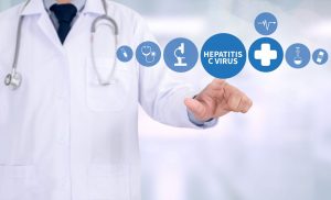 Doctor Pointing at Hepatitis C Virus inside a circle. Other icons are syringe, stethoscope, microscope, medical plus sign, lab beaker, and a bandaind